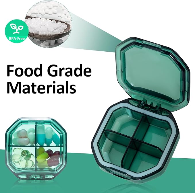 Daily Pill Organizer, 2 Pack 4 Compartments Small Pill Box Portable Pill Case, Travel Pill Organizer for Purse Pocket to Hold Vitamins, Cod Liver Oil, Supplements and Medication (Green+Grey)