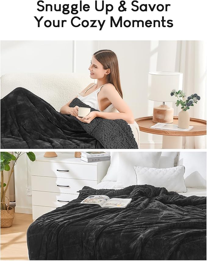 Cottonblue Weighted Blanket 15lbs 80x87 Inches for Queen King Size Bed, Ultra Soft Sherpa Fleece Weighted Throw Blankets for Relax and Sleep, Cozy Breathable Winter Heavy Bed Blanket, Black