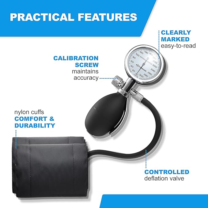 Primacare DS-9185 Aneroid Sphygmomanometer and Blood Pressure Cuff Set with Portable Case, 5 Sized Nylon Cuffs with Deflation Valve, BP Cuff Manual Kit for Infant, Child, Adult, Large Adult, Thigh
