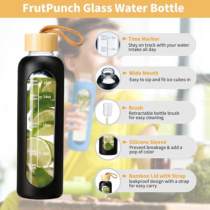 18 OZ Glass Water Bottles, Water Bottle with Time Marker, Leakproof Glass Water Bottles with Silicone Sleeves, Suitable for Offices and Gyms. (black)