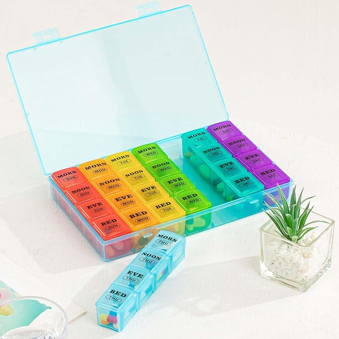 XL Large Weekly Pill Organizer 4 Times a Day, 7-Day Pill Boxes and Organizer AM PM, Big Compartments Pill Case, Monthly Medication Organizer 28 Days Dispenser for Fish Oils