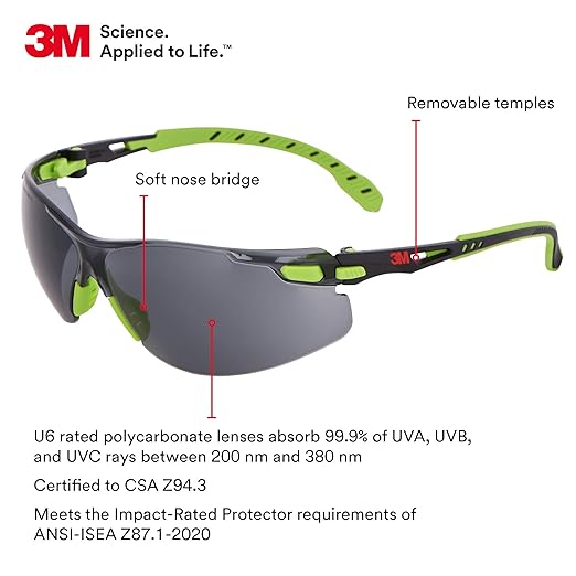 3M Safety Glasses, Solus 1000, S1202SGAF, ANSI Z87, Scotchgard Anti-Fog, Gray Lens, Green/Black Frame, Padded Temple, Soft Nosebridge, UV Protection, Premium Eye Protection