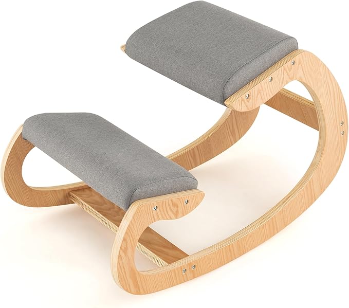 Ergonomic Kneeling Chair, Wooden Posture Chair W/Extra Padding for Back Neck Pain Relief & Improving Posture, Rocking Meditation Stool W/Knee Support for Home Office (Grey)