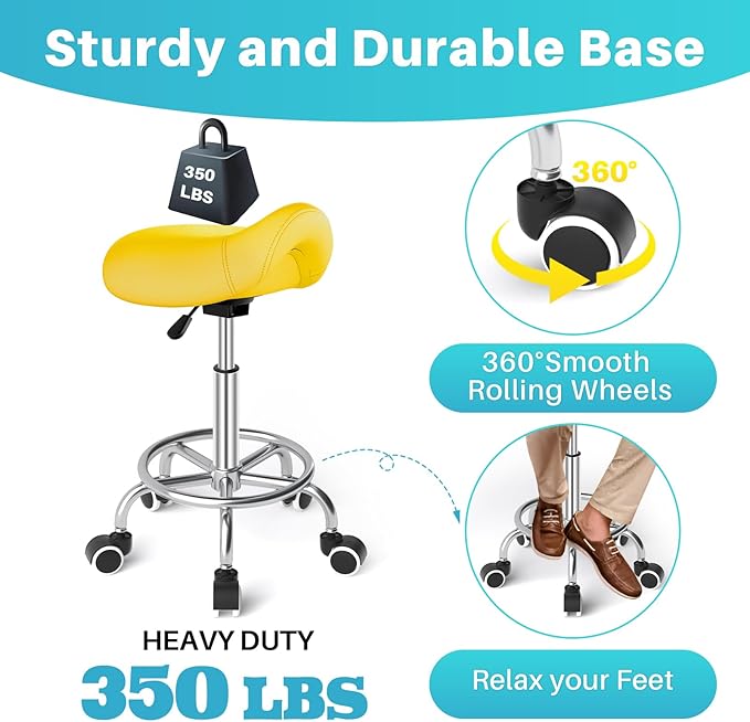 YEEZEE Saddle Stool Ergonomic- Comfortable Rolling Saddle Stool with Wide Thick Saddle Seat Padding, Swivel Adjustable Saddle Chair with Wheels and Ring Pedal for Medical Massage Salon (Yellow)