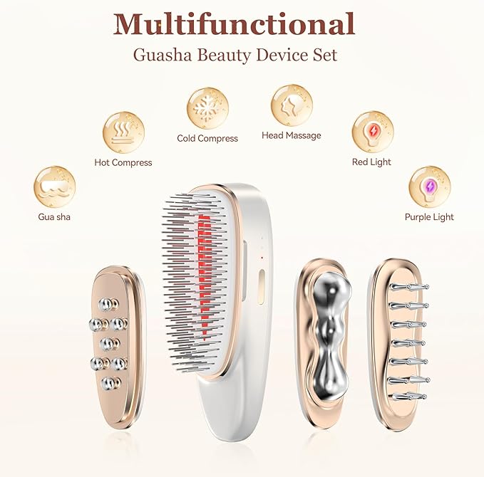 Vitalight Face & Neck Beauty Massager with 4 Replaceable Massage Heads, Cold Heat Facial Massager,Hair Growth Comb with Red/Purple Light,Multi-Functional Face, Neck, Hair Care Tools