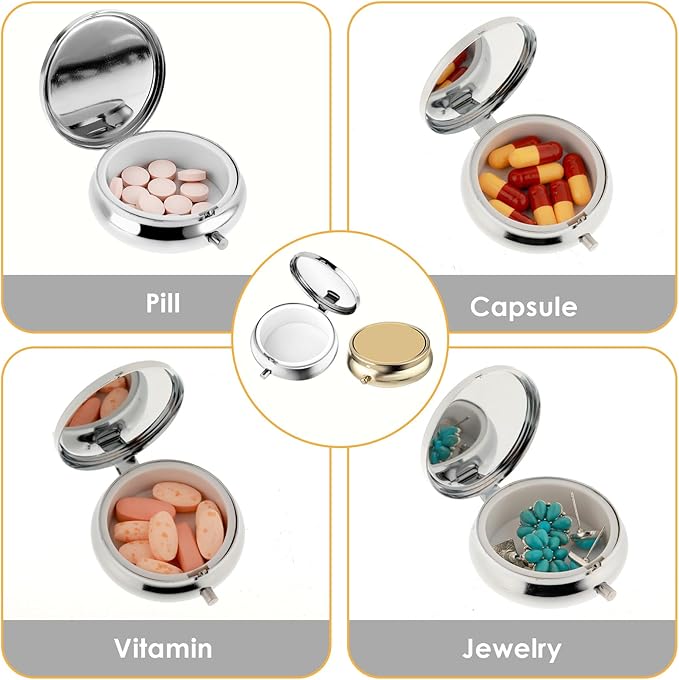 2Pcs Pill Box Small Pill Case for Purse or Pocket, Portable Cute Pill Container Metal Pill Box Decorative Medicine, Vitamin, Fish Oil and Supplements Holder Organizer (Silver&Gold)