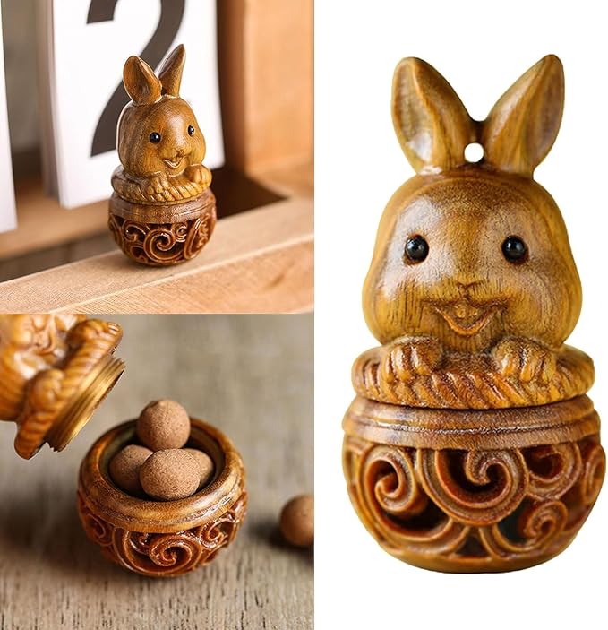 Brown Mini Wood Pills Storage Box Cute 3D Carved Rabbit Pill Organizer Box Container Bin Pendant Accessories Pill Organizers Medication Aids