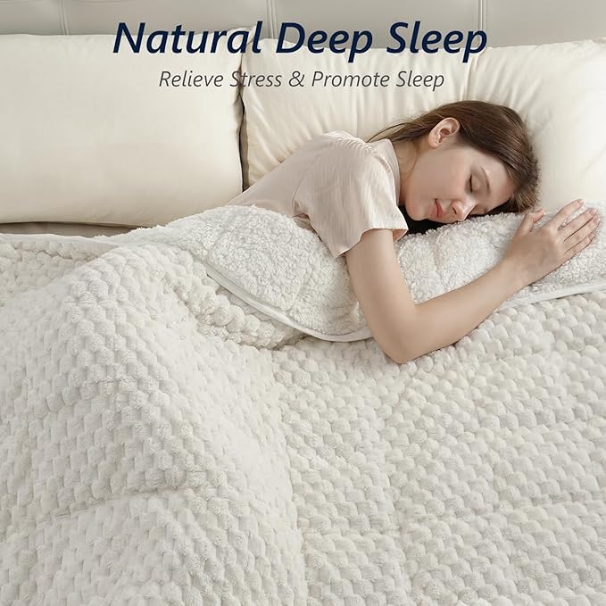 Mr. Sandman Weighted Blankets for Adults Queen Size 20lbs, Warm Sherpa Fleece Throw Blanket for Sleep and Calm, Soft Cozy Heavy Bed Blanket with Jacquard Flannel, 60 x 80 Inches, Cream White