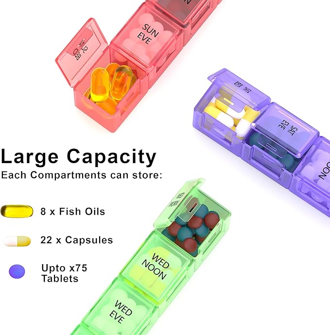 Deeper and Larger Compartments Daily Pill Organizer AM PM Medicine Pill Box, 7-Day Weekly Holder -Zzteck PU Leather Travel Case Day Night Large Medication Reminder Dispenser Vitamin Holder Container
