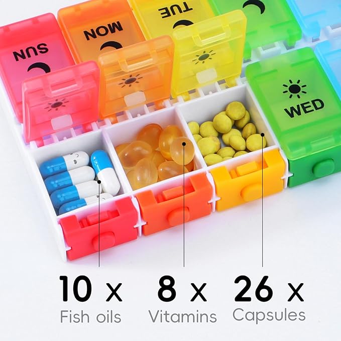 Weekly Pill Organizer, 7 Day AM PM, Push Button Design, Rainbow Colors, BPA-Free Medicine Container for Vitamins, Fish Oil, Supplements