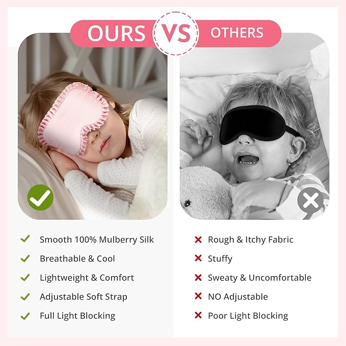 Kids Sleep Mask, 100% Real Mulberry Silk Eye Mask, Sleeping Mask for Kids with Adjustable Elastic Band, Soft & Light Blocking Eye Cover Gift for Boys Girls Teens Age 5+ (Pink)