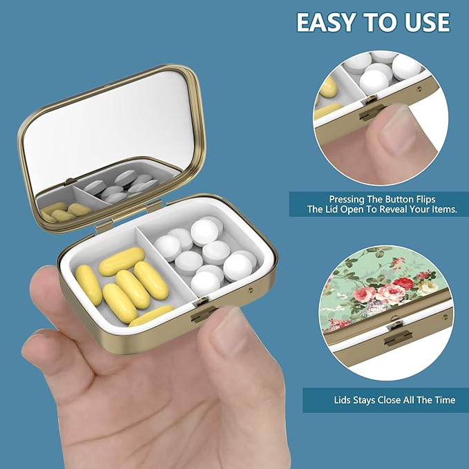 Pill Case Pill Box with Mirror Retro 2 Compartment Small Pill Case for Purse or Pocket Bronze Rectangular Pill Box or Vitamins, Fish Oil, Supplements, Pill Containe Travel Gifts（Retro Mandala）