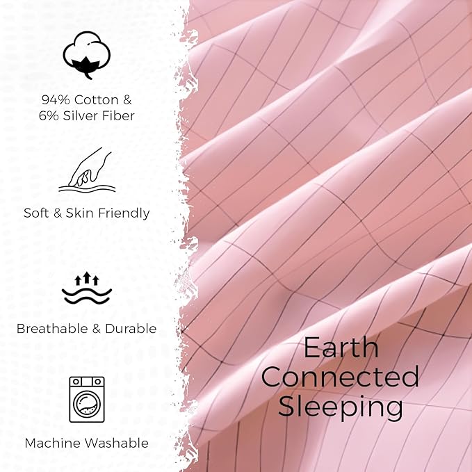 Grounding Sheets King Size, Earthing Fitted Sheets, 95% Cotton 5% Pure Silver Fiber, Grounded Sheets with Grounding Cord, Conductive Earthing Bed Sheet Grounding Cover for Better Sleep (Pink, King)