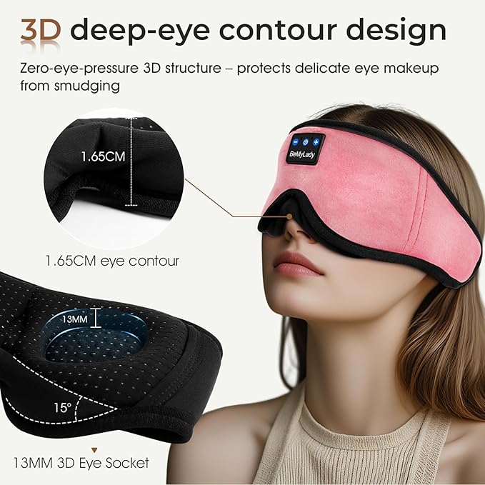 Sleep mask Headphones,100% Blackout 3D Zero Eye Pressure Bluetooth Sleep mask Breathable Eye mask with Bluetooth Headphones Sleep Headphones for Side Sleepers, 14H Playtime&Bluetooth 5.4 Pink