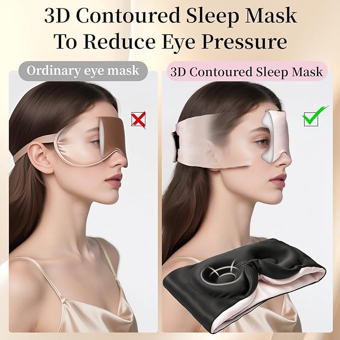 USlixury Silk Sleep Mask, 3D Contoured Sleeping Masks, Blackout Sleep Masks for Women with Nose Wing,100% Mulberry Silk, Face-Hugging Non-Slip SLEP Mask for Side Sleeper, 27.5x4.5'', Peach