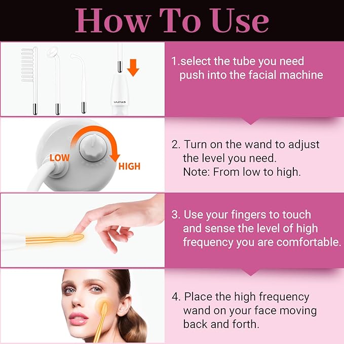 High Frequency Facial Wand - UUPAS Portable Handheld High Frequency Facial Skin Machine with 4 Pcs Orange Glass Tubes