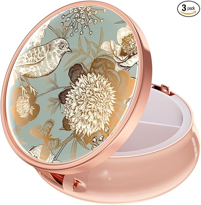 Rouidr Pill Box, 3 Compartment Medicine Pill Case, Small Metal Travel Medicine Box for Purse & Pocket, Rose Gold, Blooming Flowers