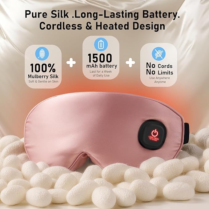 LitBear Heated Eye Mask, Silk Cordless Warm Eye Compress for Dry Eyes, Light Blocking Heat Eye Mask for Women Men, Soft Eye Heating Pad for Dry Eyes, Travel, Rechargeable, Washable Cover (Pink)