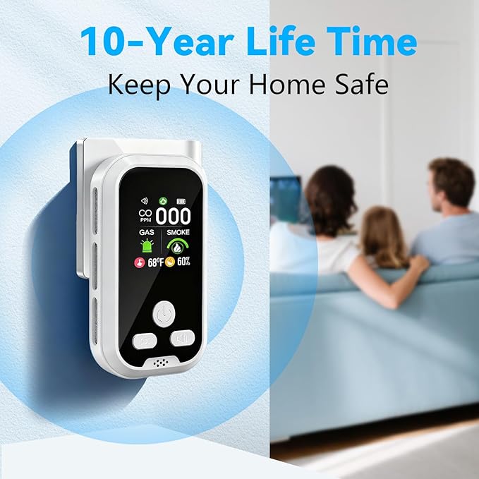 6-in-1 Carbon Monoxide Detector Combo with LCD Display, Detects CO, Natural Gas, Smoke, Temperature, Humidity for Home Hotel, Camping RV, Apartment Safety, White