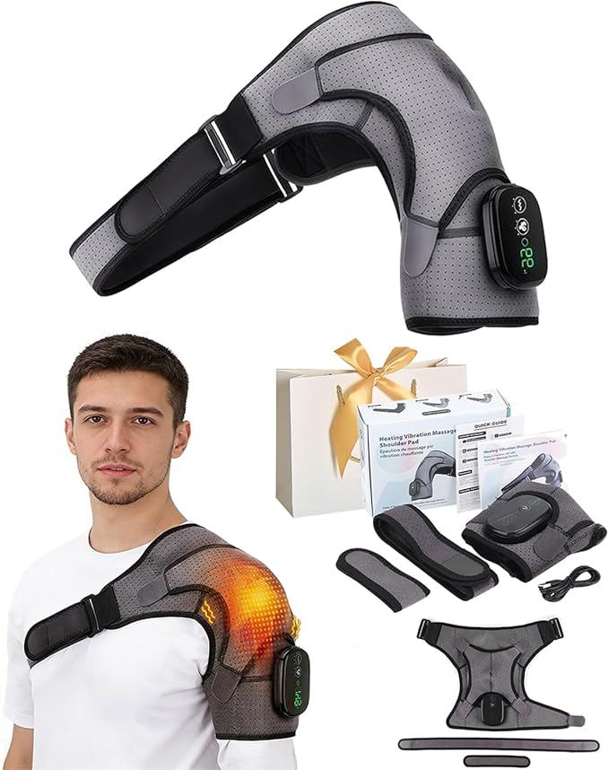 Shoulder Massager – Shoulder Heating Pad with Massage, Cordless Heated Shoulder Wrap with 3 Intensity Levels, Adjustable Straps for Deep Tissue Comfort, One-Button Operation (1 Set)
