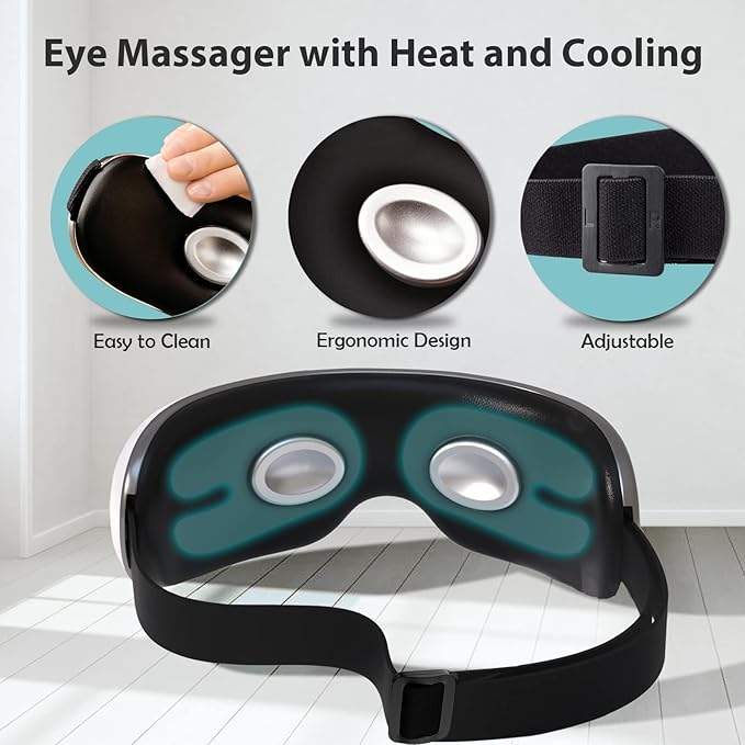 Eye Massager with Heat and Cooling Bluetooth & Compression for Migraines, Dark Circles Relax Dry Eyes, Improve Sleep Gift for Men Women