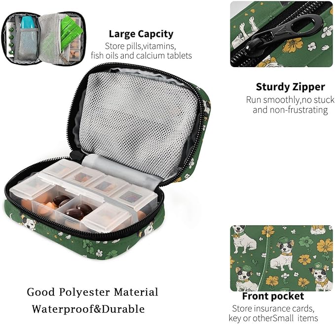 Fustylead Hand Draw Saint Patricks Bull Terrier Travel Pill Organizer Bag with Zipper Small Pill Box 7 Day Pill Case for Purse Storage Weekly Vitamin Medicine Supplement