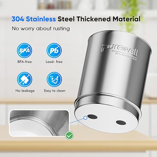 Purewell Upgraded 6-Stage 0.01μm Ultra-Filtration Gravity Water Filter System with Water Level Window, 304 Stainless Steel Countertop System with 2 Filters and Stand, Reduce 99% Chlorine, 2.25G, PW-FH