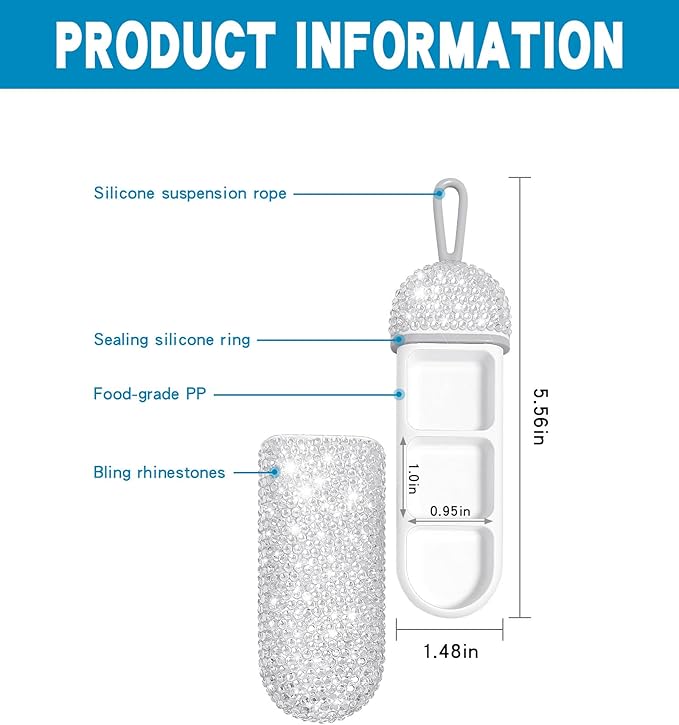 Yivaiks Bling Travel Pill Organizer Crystal Rhinestone 3 Compartments Portable Pill Case Daily Pill Box to Hold Vitamins Small Pill Container for Pocket Purse Medicine Organizer(White)
