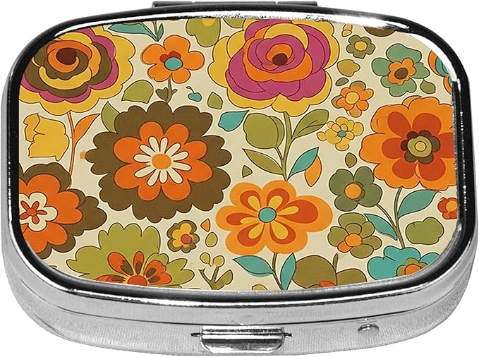 Square Pill Case Small Pill Box with Mirror Pocket 2 Compartment Vitamin Pill Medicine Case Organizer Pill Containers for Traveling Vintage Flower Petals Two
