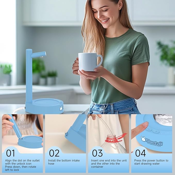 Water Dispenser for 5 Gallon Bottle – Desktop Electric Water Pump with USB-C Fast Charging, Portable 5 Gallon Water Jug Dispenser for Home, Office, Bedside & Countertop (Sky Blue)