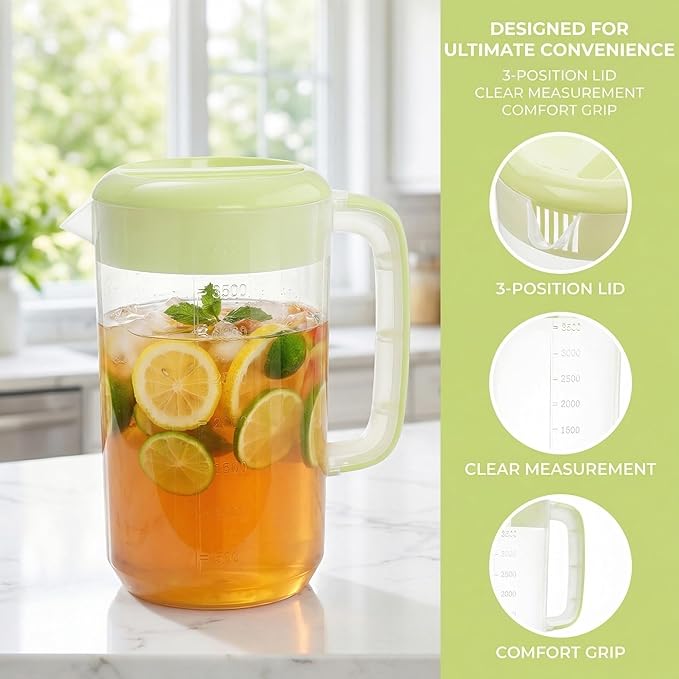 Jucoan 2 Pack 1 Gallon Plastic Pitcher with Lid, Clear Ice Tea Pitcher for Fridge, Large Water Carafe Jug Beverage Pitcher with 3 Position Pour Spout Lid, Handle,Scale for Home, Party