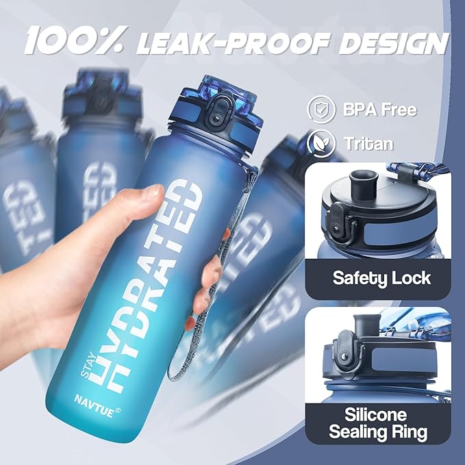 Water Bottle, 32oz Sports Water Bottles with Time Marker Wide Mouth, Motivational and Leakproof Drink Bottle, BPA Free Tritan with Carry Strap for Gym Fitness Outdoor (1 Bottle)