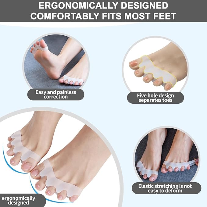 Toe Separators/Toe Spacers for Men and Women - Bunion Corrector & Hammer Toe Straightener for Overlapping Toes, Silicone Gel Pain Relief for Pedicure & Daily Care (White)