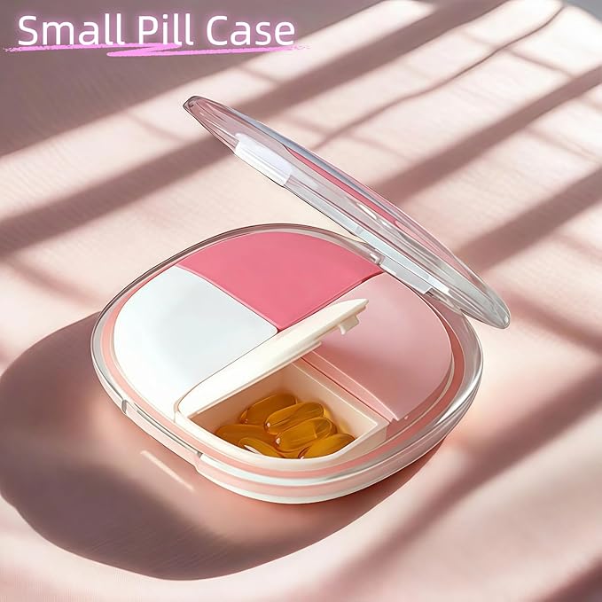 Portable Pill Organizer, Small Pill Case with Pocket 4 Compartments, Travel Pill Box, Pill Container to Hold Vitamin, Fish Oil, Supplement or Jewelry (Pink, 4 Case)