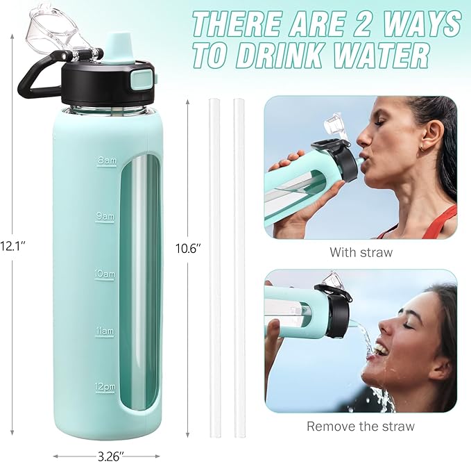 Kodrine 32 oz Glass Water Bottle with Straw and Carry Loop, One-Touch Leakproof Locking Lid, Reusable Drinking Bottle with Time Marker for Travel Home Gym Sports (light Blue)