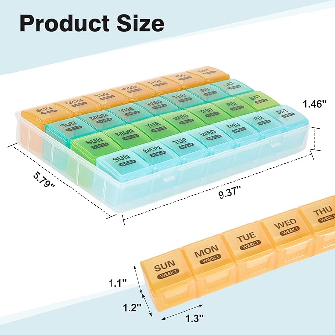 Monthly Pill Organizer, Once a Day, 4 Weeks a Month, 28 Days in a Large Pill Box, Portable for Travel, can Hold a Large Amount of Vitamins, Supplements, Fish Oil, and Medication (White)