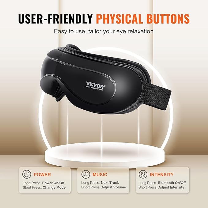 VEVOR Heated Eye Massager - 5 Modes, Bluetooth Music, Foldable, Ideal Gift for Parents, Black