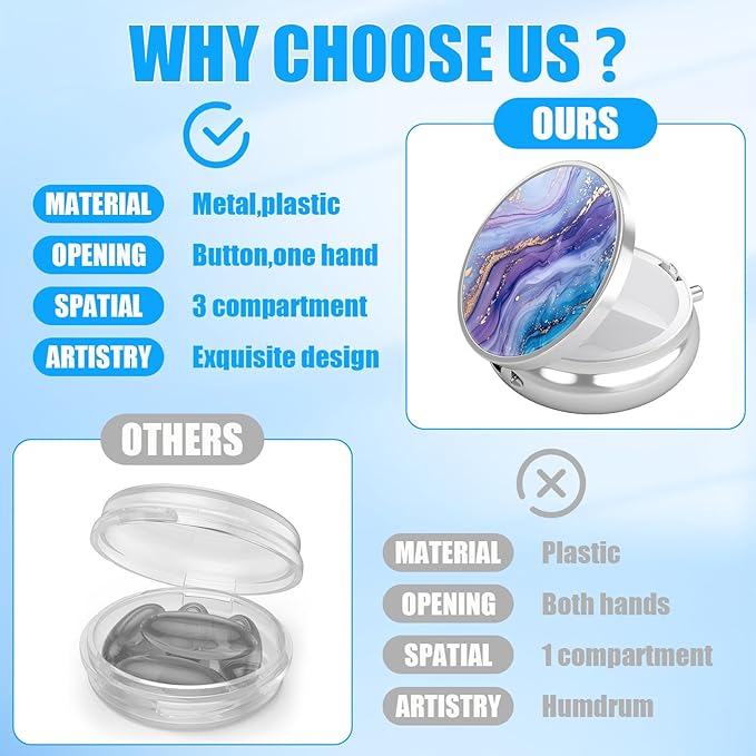 Pill Box, 3 Compartments Small Pill Case Travel Portable Metal Medicine Box with Mirror Mini Container for Purse Pocket Women Men(Purple Blue Marble)