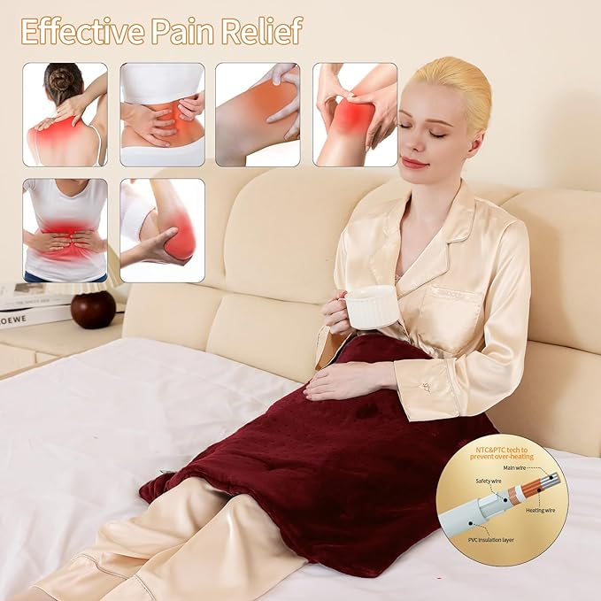 SAROO Heating Pad for Back Pain Relief,Massaging Weighted Heating Pads for Neck, Shoulder,Cramp,Portable Heated Pad with 3 Heat Settings & 6 Massage,18 Relaxing Combinations,Auto Off,20"*24",Wine Red