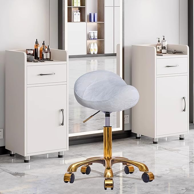 Saddle Stool Gold Rolling Stool with Wheels, PU Leather Roller Vanity Chair, Height Adjustable Swivel Saddle Chair for Pedicure, Tattoo, Massage, Salon, Spa (White)