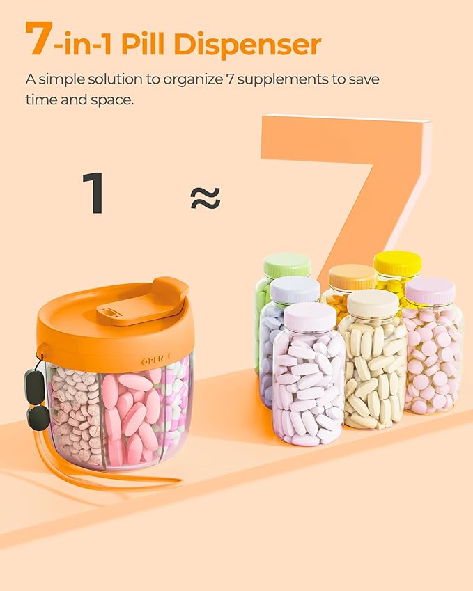 Cute Pill Dispenser with 7 Large Compartments, Portable Pill Bottle Organizer with Wide Opening for Easy Use, Anti-Mix Pill Organizer for Travel, BPA-Free Pill Container, Orange