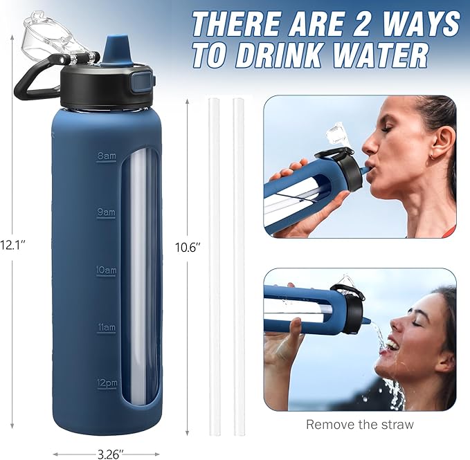 Kodrine 32 oz Glass Water Bottle with Straw and Carry Loop, One-Touch Leakproof Locking Lid, Reusable Drinking Bottle with Time Marker for Travel Home Gym Sports (Navy Blue)