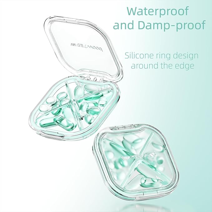 Small Pill Box, Cute Pill Case for Purse Pocket, Travel Pill Organizer, Daily Pill Container Pill Holder for Medication, Vitamins, Fish Oil, Supplements (Green)