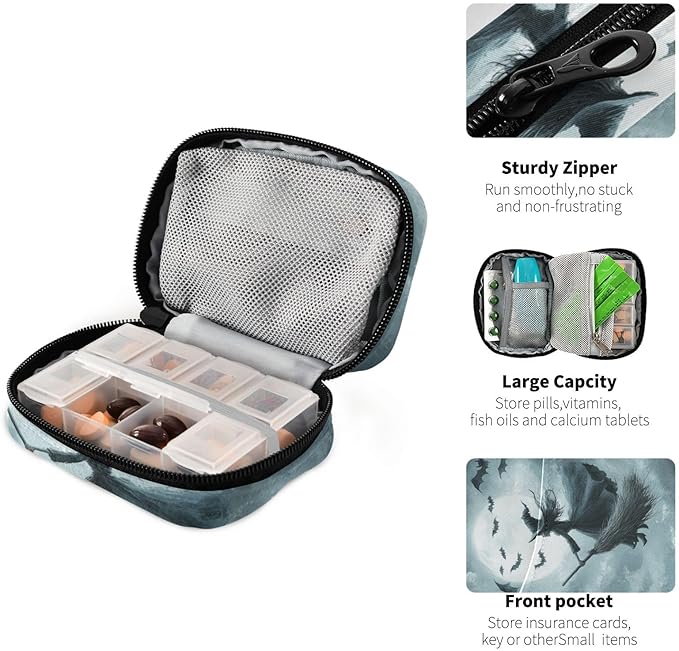 Halloween Bats and Witch Travel Pill Organizer Case Box Container Weekly Portable Vitamin Medicine Holder Storage Bag with Zipper Removable