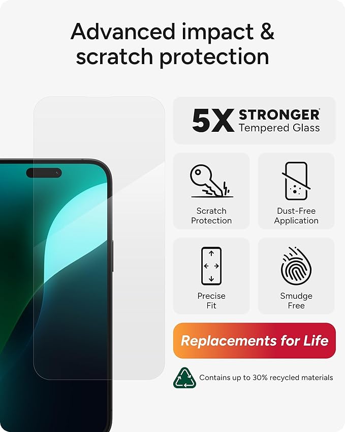 ZAGG Glass Elite Screen Protector for iPhone 16 Plus / 15 Plus - 5X Stronger, Reinforced Edges, Ultra-Strong Tempered Glass, Scratch Resistant, Anti-Smudge, InvisibleShield, Easy Installation, Eco-Friendly | 5X Stronger, Reinforced Edges, Ultra-Strong,...