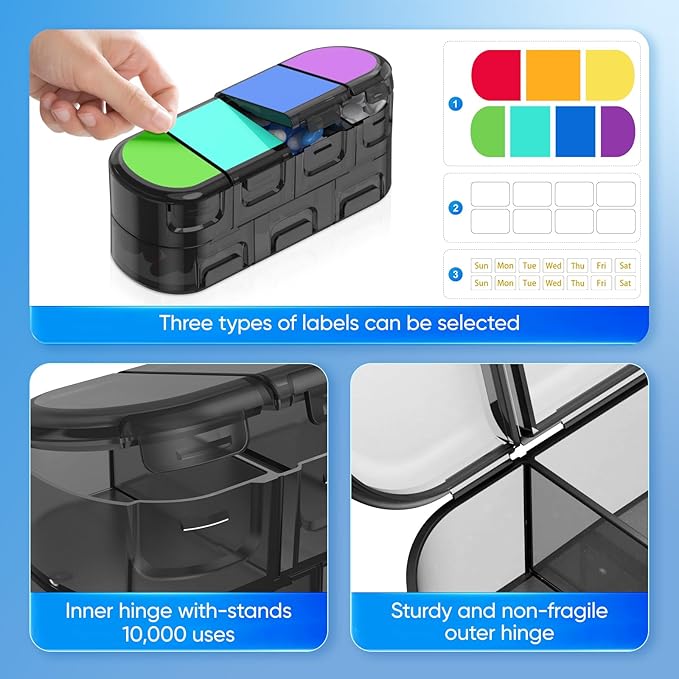 Weekly Pill Organizer Travel, 2/3/4 Times a Day, Double-Sided Opening Design, Portable Pill Box for Storing Fish Oils/Medication/Vitamins/Supplements (2PC Black)