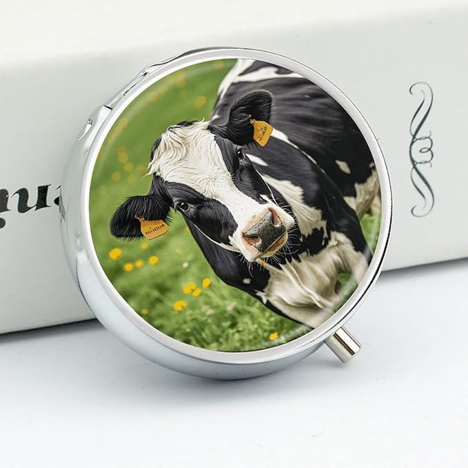Cow Black Spot Pill Box Travel Pill Case for Purse Pocket Weekly Medicine Organizer with Mirror 3 Compartment Round Medicine Case Portable PillcaseHolder for Daily