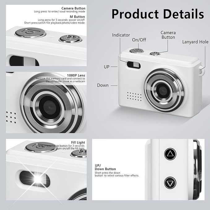 Mini Keychain Camera, FHD 1080p Mini Digital Camera with 32GB SD Card, Flash, 6 Creative Filters, 0.96" HD Display, 100 Mins Battery Life for Travel Recording Birthday Gifts (Modern, White)