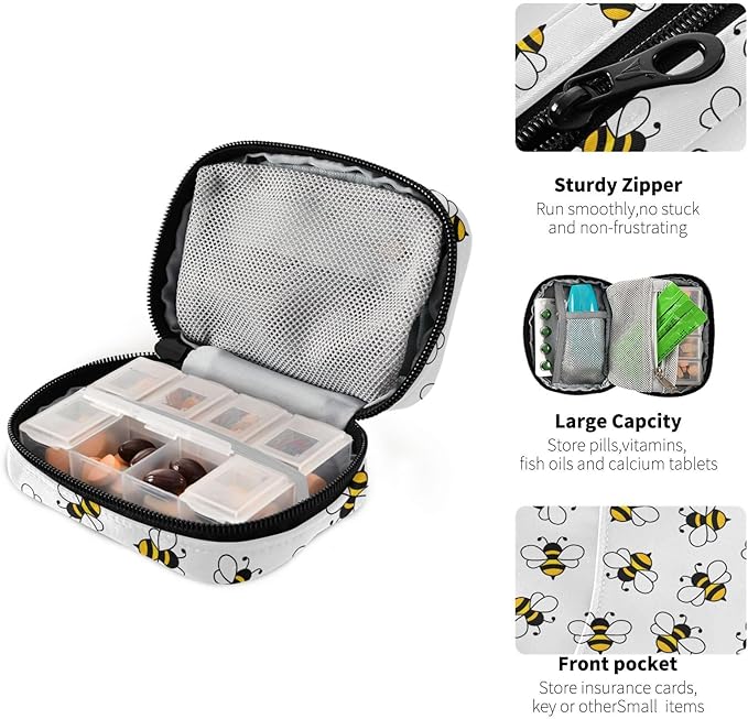 Cute Bees Pill Box 7 Day Pill Case Travel Pill Organizer Bag Container for Medicine with Zipper Portable Weekly Case Compact Size for Medicine, Vitamin, Supplement