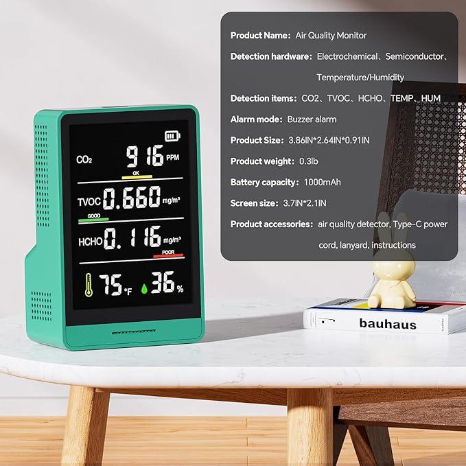 5-in-1 Professional Indoor Air Quality Monitor Indoor Portable CO2 Monitor | Temperature | Formaldehyde Detector | Humidity TVOC | Air Quality Tester - Confined Space Clean Air Monitor (Grass Green)